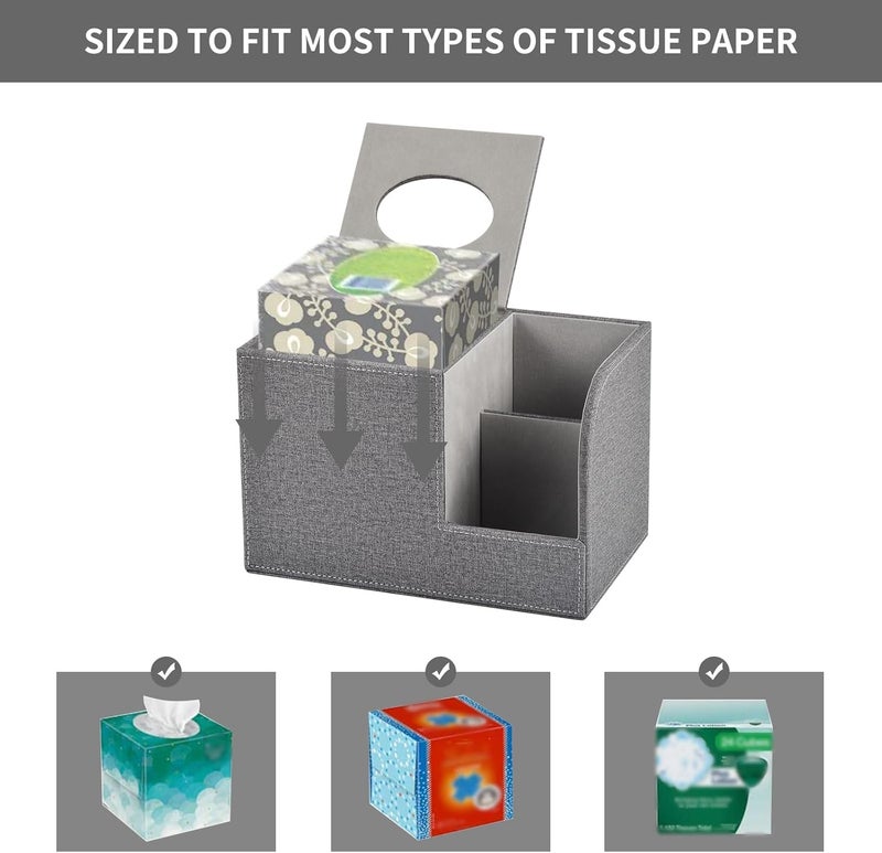 XNONE Square Tissue Box Cover Organizer,PU Leather Cube Tissue Box Holder with 2-Compartment Storage Box,Tissue and Remote Control Holder,Decorative Tissue Box Bedroom NightStand Office Tabletop,Grey - Image 3